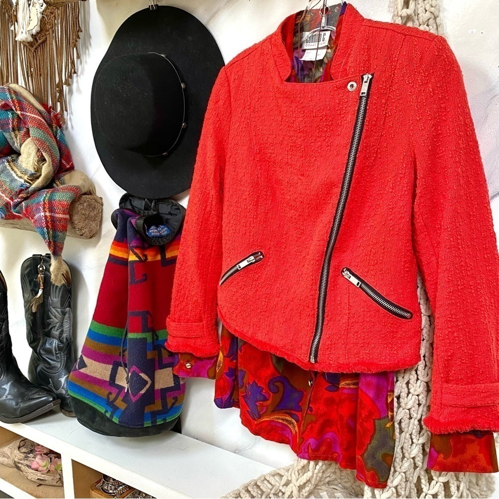 Spring/summer lightweight moto style tweed boho jacket w raw edges
